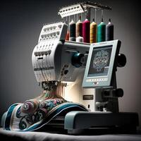 modern en automatisch hoog technologie borduurwerk machine voor textiel of kleding kleding maken fabricage werkwijze in industrieel. dichtbij omhoog geautomatiseerd borduurwerk machines. generatief ai foto