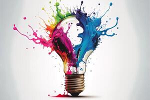 illustratie van kleurrijk lamp met plons van kleuren Aan wit achtergrond. creativiteit, eureka, verbeelding, inspiratie. generatief ai. idee en oplossing concept foto