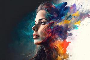 mooi fantasie abstract portret van een mooi vrouw dubbele blootstelling met een kleurrijk digitaal verf plons of ruimte nevel, generatief ai foto