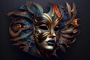 feestelijk carnaval masker met rijk decoratie, attributen van de braziliaans carnaval. Venetiaanse carnaval masker en kralen decoratie. mardi gras achtergrond. generatief ai foto