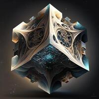 tesseract met fractal ontwerp in bestellen en chaos. abstract multiversum wereld met kubiek ai generatief . creatief surrealistische aarde milieu door puzzel artwork bouw foto