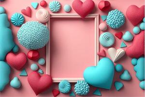 Valentijn kader en spandoek. rood, blauw, cyaan, roze decoratie. vlak leggen, romantisch. liefde en Valentijn dag concept. generatief ai foto