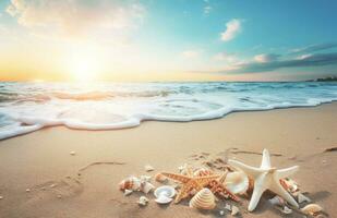 schelpen en zeester Aan de mooi tropisch strand en zee met blauw lucht achtergrond. zomer vakantie concept foto