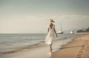 mooi vrouw in wit jurk en hoed wandelen Aan de mooi tropisch strand en zee met blauw lucht achtergrond. zomer vakantie concept foto