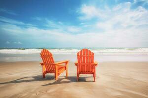 twee houten stoelen Aan de tropisch strand met blauw lucht achtergrond, wijnoogst toon foto