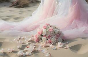 romantisch bruiloft ceremonie Aan de strand. bruiloft boog versierd met bloemen foto