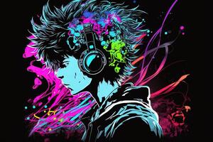 generatief ai een neon gamer anime mode jongen of Mens vervelend koptelefoon, verloren in zijn muziek. abstract achtergrond dat roept op de gevoel van verschillend genres van muziek. banier muziek- concept foto