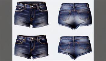 denim shorts 3d veroorzaken, voorkant en rug, kopiëren ruimte, generatief ai foto