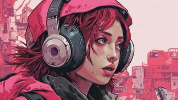 generatief ai, persoon in bril, cyberpunk anime stijl geïnspireerd door josan gonzalez. licht geel en roze kleuren, virtueel realiteit concept foto