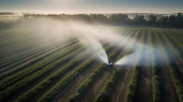 generatief ai, boerderij landbouw gedrenkt of pesticiden verstuiven groen velden. irrigatie uitrusting systeem, antenne visie foto