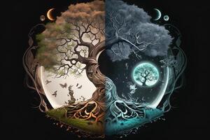 ying yang concept van balans yggdrasil boom van leven norse mythologie. balans concept. generatief ai foto