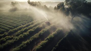 generatief ai, boerderij landbouw gedrenkt of pesticiden verstuiven groen velden. irrigatie uitrusting systeem, antenne visie foto