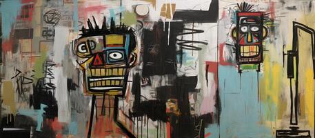 generatief ai, straat graffiti abstract kunst met lelijk gezicht Aan een getextureerde muur wijnoogst achtergrond, geïnspireerd door jean-michel basquiat, nieuw york stedelijk stijl. foto