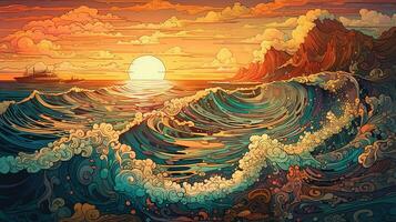 generatief ai, oceaan in de zonsondergang lineair illustratie, psychedelisch manga stijl, zeer gedetailleerd. anime kleurrijk stijl foto