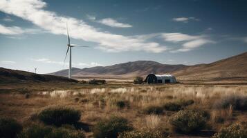 generatief ai, wind turbines in een veld, groen boerderij landschap. milieuvriendelijk milieuvriendelijk macht generatie. hernieuwbaar energie bron. foto