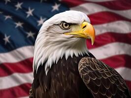 kaal adelaar met Verenigde Staten van Amerika vlag in de achtergrond. ai generatief foto
