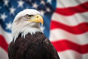 kaal adelaar met Verenigde Staten van Amerika vlag in de achtergrond. ai generatief foto