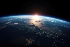 zonsopkomst visie van de planeet aarde van ruimte met de zon instelling over- de horizon. ai generatief foto