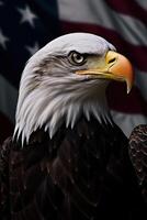 kaal adelaar met Verenigde Staten van Amerika vlag in de achtergrond. ai generatief foto