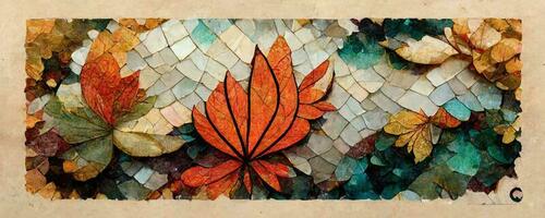 artistiek kleurrijk mozaïek- patroon herfst blad. collage hedendaags afdrukken met modieus decoratief mozaïek- patroon met verschillend kleuren. abstract bloemen biologisch behang achtergrond illustratie foto