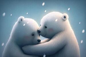 twee schattig polair knuffel samen in wit sneeuw achtergrond. moeder en baby polair beer knuffelen net zo familie in sneeuw in winter. generatief ai foto