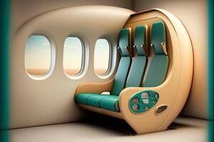 luxueus eerste klasse vliegtuig stoel met veel van ramen. generatief ai visualisatie van de vip cabine van een bedrijf klasse vliegtuigen. interieur van een privaat Jet foto