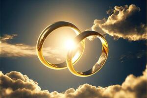 een paar- van goud bruiloft ringen drijvend in de lucht. twee bruiloft ringen drijvend in de wolken met een zon in de achtergrond en een blauw lucht met wolken hieronder hen. generatief ai. bruiloft concept. foto