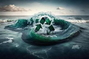 recycle symbool in de oceaan. generatief ai groen energie concept, Nee meer uitschot en plastic in zee. opslaan de oceaan van afval. beschermen de oceanen en zeeën. eco macht foto