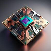 generatief ai een quantum chip, een futuristische gloeiend CPU quantum computer verwerker. digitaal spaander met hud elementen. futuristische microchip verwerker. modern CPU illustratie . centraal computer verwerkers foto