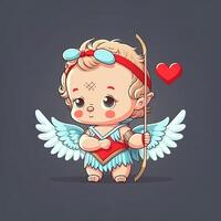 generatief ai aanbiddelijk baby Cupido mooi portret, vol lichaam hand- Holding een boog en pijl, tekenfilm stijl karakter. liefde en Valentijn concept. foto