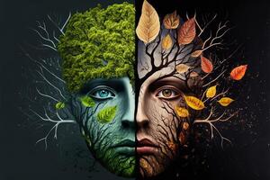 generatief ai illustratie van de vier tijdelijk seizoenen in een gezicht, een kader, een boom. natuur concept. digitaal gegenereerd beeld foto