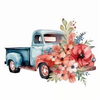 wijnoogst vrachtauto met bloemen. waterverf hand- getrokken clip art geïsoleerd Aan wit achtergrond, generatief ai. foto