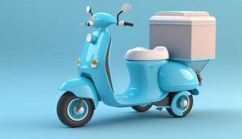 blauw levering scooter met een doos van voedsel, generatief ai foto
