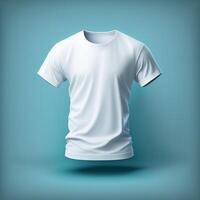 wit t-shirt mockup Aan blauw achtergrond, generatief ai foto