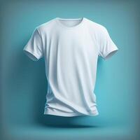 wit t-shirt mockup Aan blauw achtergrond, generatief ai foto