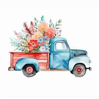 wijnoogst vrachtauto met bloemen. waterverf hand- getrokken clip art geïsoleerd Aan wit achtergrond, generatief ai. foto