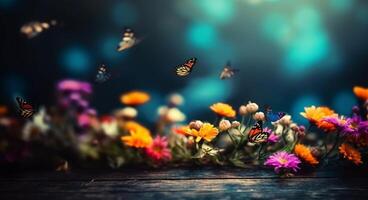 voorjaar achtergrond. leeg tafel, kleurrijk bloemen en vlinders. generatief ai foto