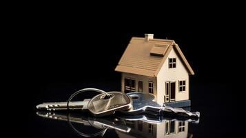 miniatuur huis met sleutels Aan houten achtergrond. echt landgoed concept., ai gegenereerd artwork foto
