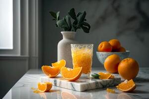 reclame nog steeds leven foto van oranje sap met bril over- marmeren oppervlak. generatief ai.