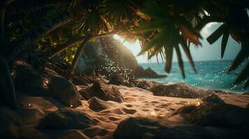tropisch strand met palm bomen en zand duinen Bij zonsondergang, blauw zee foto
