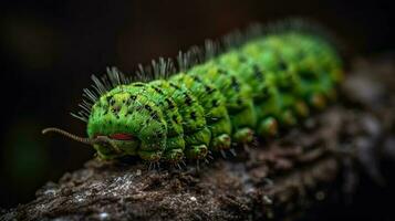 foto van groen rups- dier met vervagen achtergrond