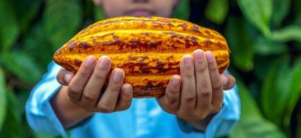 landbouw geel rijp cacao peulen in de handen van een jongen boer, geoogst in een cacao plantage foto