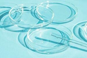 Petri gerecht. een reeks van Petri kopjes. een pipet, glas buis. Aan een blauw blauw achtergrond. foto