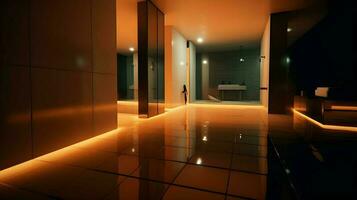3d geven van luxueus hotel tafereel met gloeiend reflecterende verdieping verlichting foto