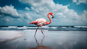 flamingo wandelen Aan tropisch strand met blauw lucht abstract achtergrond. ai gegenereerd foto