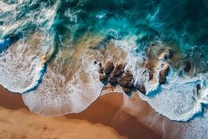 top visie van de strand en golvend zee illustratie. ai generatief foto