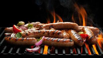 gegrild worstjes en groenten Aan een vlammend bbq grillen. een heerlijk voedsel poster voor zomer dineren. generatief ai foto