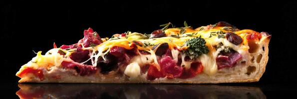 heerlijk pizza plak bekroond met kaas, olijven, en tomaat, gepresenteerd Aan een zwart achtergrond. generatief ai foto