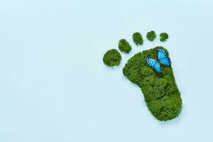creatief ecologisch, milieu zorg, aarde dag concept. blootsvoets voetafdruk gemaakt van natuurlijk groen mos en vlinder Aan blauw achtergrond foto