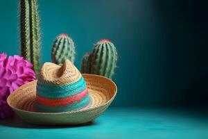 cinco de mayo vakantie achtergrond. Mexicaans cactus en partij sombrero hoed Aan donker turkoois achtergrond. generatief ai illustratie foto